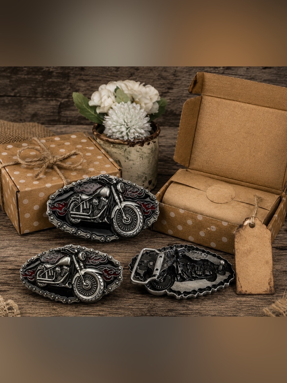 Motorcycle Belt Buckle Biker Gift Rustic Gift Box Silver Tone Motorcycle Buckle